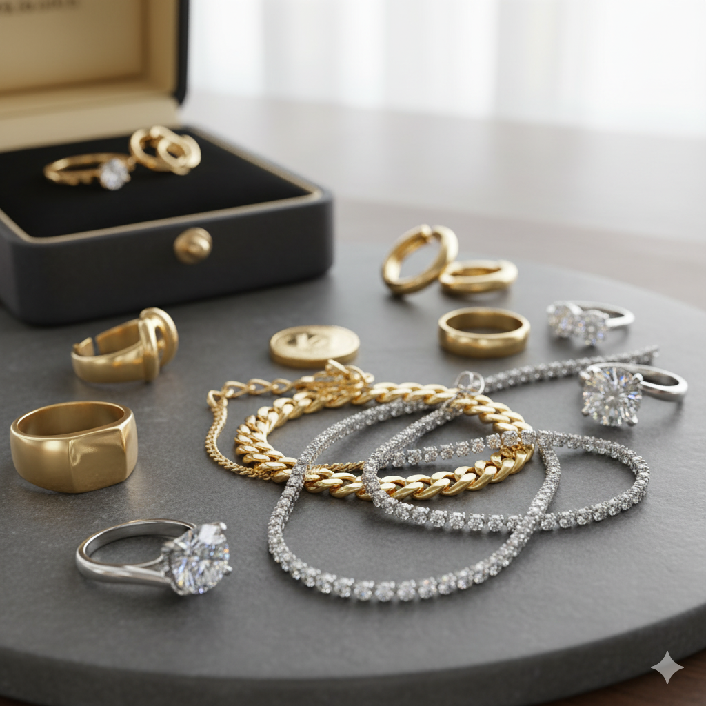 金（ゴールド）とプラチナの指輪、ネックレス、ブレスレットが並べられた様子。きらめくダイヤモンドがあしらわれた宝飾品も含まれる。