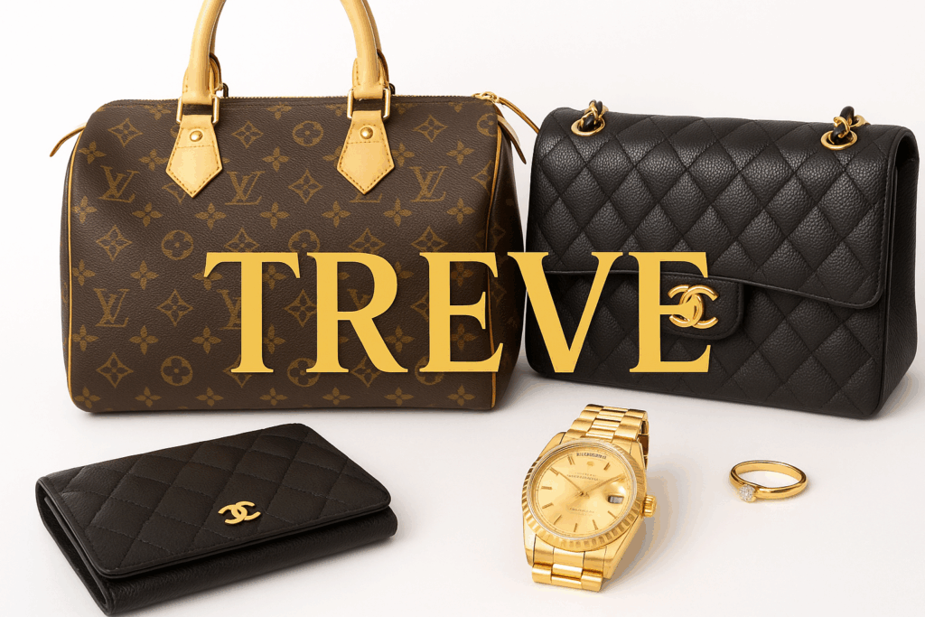 白背景に複数の高級ブランド品が配置されている。中央には「TREVE」の文字が大きく金色で表示され、その左奥にはルイ・ヴィトンのモノグラム柄ハンドバッグ、右奥にはシャネルのキルティングショルダーバッグ（マトラッセ）が見える。手前にはシャネルの財布、金色のロレックスの腕時計、そして金色のリングが置かれている。