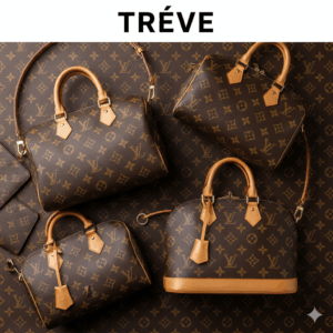 **高級ブランドのモノグラム柄のバッグ4点の集合写真。**ルイ・ヴィトンのようなデザインのブラウンのモノグラムキャンバスのバッグ（スピーディやアルマに似たデザイン）が、同柄の背景の上に配置されている。中央上部に白い文字で「TRÉVE」と書かれている。