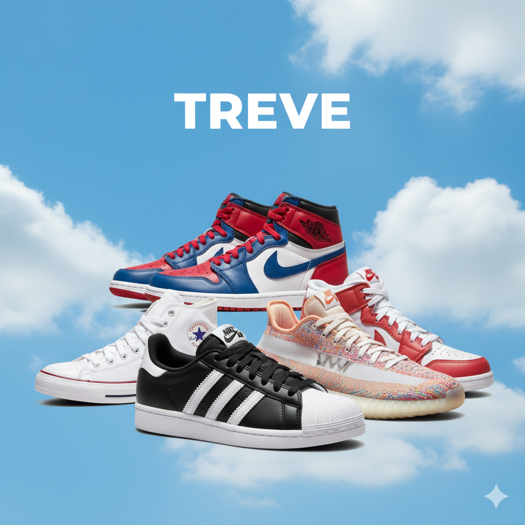 青空と白い雲を背景に、5足のブランドスニーカーが配置されている。Air Jordan 1(赤、青、白のハイカット)、Converse Chuck Taylor(白のハイカット)、adidas Superstar(黒、白)、カラフルなニット素材のスニーカー(Yeezy Boost 350 V2風)、そして赤白のハイカットスニーカー(Air Jordan 1風)が含まれている。上部には「TREVE」の文字。