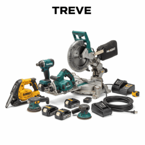 白背景に並べられた多数の電動工具。DeWALT、Makita、HiKOKIなどのメーカーのインパクトドライバー、丸ノコ、ランダムサンダー、バッテリー、充電器、マイターソー(卓上丸ノコ)などが含まれている。画像上部には「TREVE」の文字。