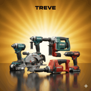 黄色い光の背景に、Makita(マキタ)、HiKOKI(ハイコーキ)、HILTI(ヒルティ)のプロ仕様の電動工具が並べられている。インパクトドライバー、丸ノコ、ハンマードリル、バッテリーなど、複数の工具が含まれる。上部には「TREVE」の文字。