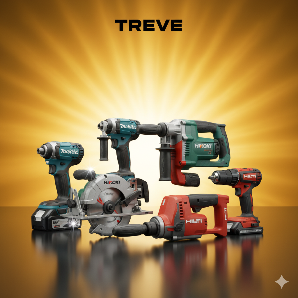 黄色い光の背景に、Makita(マキタ)、HiKOKI(ハイコーキ)、HILTI(ヒルティ)のプロ仕様の電動工具が並べられている。インパクトドライバー、丸ノコ、ハンマードリル、バッテリーなど、複数の工具が含まれる。上部には「TREVE」の文字。