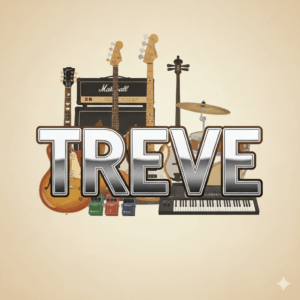 楽器買取のTREVE(トレリバ)高松レインボー通り店のロゴ。ベージュ系の背景に、銀色で立体的な「TREVE」の文字が中央に配置され、その背後にはエレキギター、ベース、アンプ、エフェクター、ドラムセットの一部、シンセサイザー、三味線などの様々な楽器が描かれている。