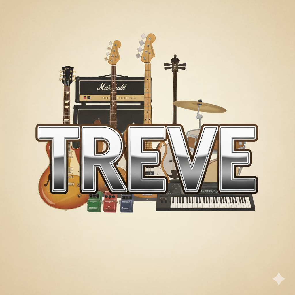 楽器買取のTREVE(トレリバ)高松レインボー通り店のロゴ。ベージュ系の背景に、銀色で立体的な「TREVE」の文字が中央に配置され、その背後にはエレキギター、ベース、アンプ、エフェクター、ドラムセットの一部、シンセサイザー、三味線などの様々な楽器が描かれている。