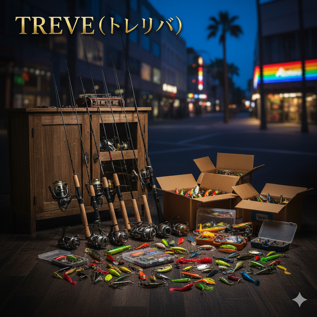 バスロッド、リール、ルアーなど様々な釣り具が並べられた、高松レインボー通りにある買取店TREVE（トレリバ）のイメージ。「TREVE（トレリバ）」のロゴが記載されています。釣り竿の高価買取を訴求する画像。