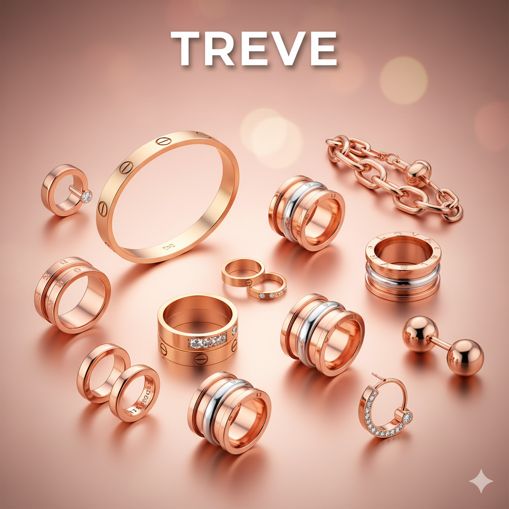 **ローズゴールドの背景に、カルティエやブルガリに似たデザインのブランドジュエリーの集合写真。**ビスモチーフのバングル、リング、ダイヤモンド付きリング、トゥボガス（ガスチューブ）デザインのリング、チェーンブレスレットなどが配置されている。