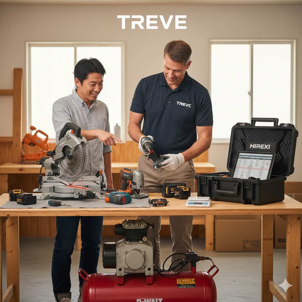 **明るい作業場のような空間で、買取業者の男性が顧客の男性に電動工具（インパクトドライバー）を説明しながら査定している様子。**木製テーブルの上には、丸ノコ、ジグソー、バッテリー、買取リストを表示したケースなどが置かれ、足元には赤いエアコンプレッサーが見える。