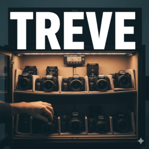 TREVE（トレリバ）の大きなロゴと、プロ仕様の防湿庫内に整然と並べられた多数のデジタルカメラおよび交換レンズ。カメラコレクション、機材管理、高価買取。