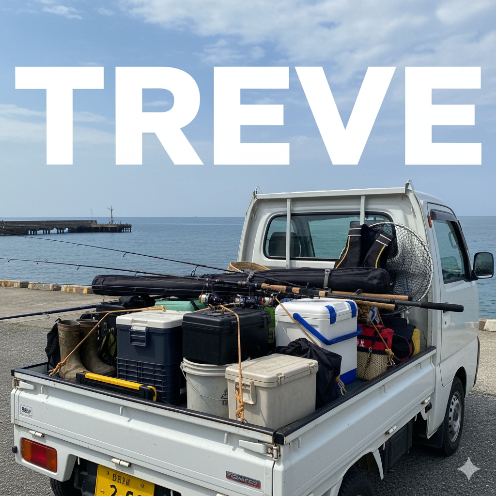 **海辺の埠頭に停まった軽トラックの荷台に、釣り竿、クーラーボックス、バッカン、長靴など、大量の釣具が積み込まれている様子。**背景には青い海と空、そして防波堤が見える。