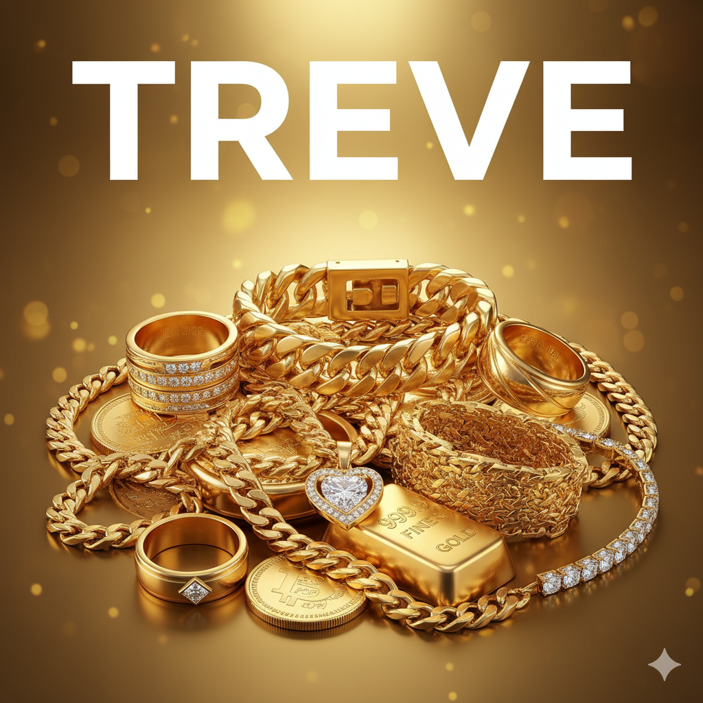 **大量のゴールドジュエリーと金インゴット、コインが積み重ねられている様子。**ダイヤモンド付きのリング、チェーンブレスレット、ハート型のペンダント、純金インゴットなどが華やかに輝いている。