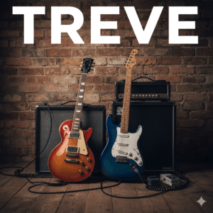 レンガの壁を背景に、レスポールタイプのエレキギターとストラトキャスタータイプのエレキギターが、2台のギターアンプとエフェクターの前に立てかけられている。