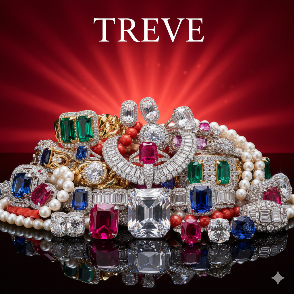 赤のグラデーションの背景に、白いダイヤモンドペンダント、大粒のサファイアとルビーのペンダント、エメラルドブレスレットなど、豪華なジュエリーの集合写真。