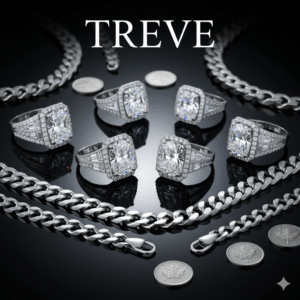 **黒い背景に、プラチナまたはホワイトゴールドのチェーンネックレスと、大粒のクッションカットまたはエメラルドカットのダイヤモンドが取り巻きでセットされた豪華なリングが4点並んでいる。**チェーンとリングの間にはメープルリーフに似た銀貨が配置されている。