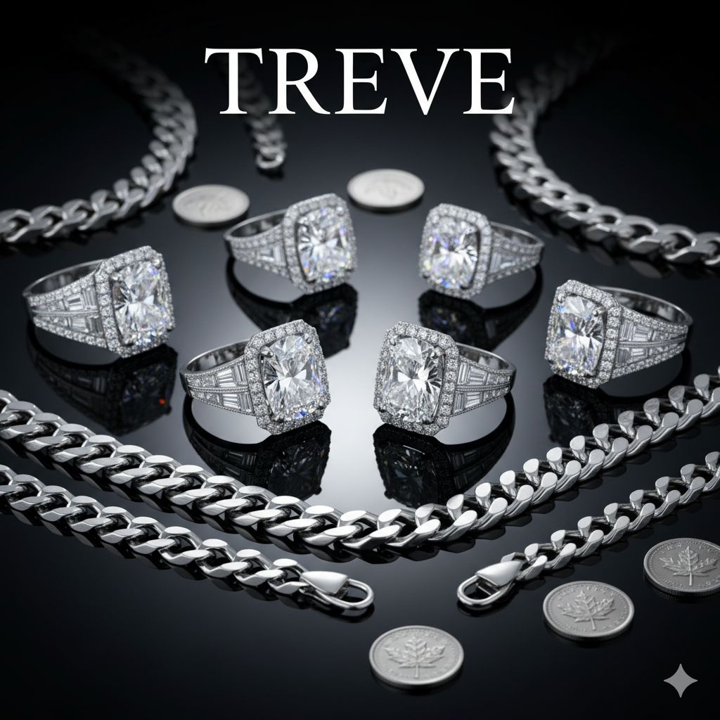 **黒い背景に、プラチナまたはホワイトゴールドのチェーンネックレスと、大粒のクッションカットまたはエメラルドカットのダイヤモンドが取り巻きでセットされた豪華なリングが4点並んでいる。**チェーンとリングの間にはメープルリーフに似た銀貨が配置されている。