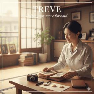 和室で女性がアルバムを整理し、カメラや万年筆、懐中時計などの品物を前に生前整理・終活を行っているイメージ。高松市内の買取専門店「TREVE」のサービス画像。