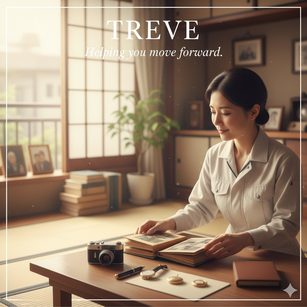 和室で女性がアルバムを整理し、カメラや万年筆、懐中時計などの品物を前に生前整理・終活を行っているイメージ。高松市内の買取専門店「TREVE」のサービス画像。