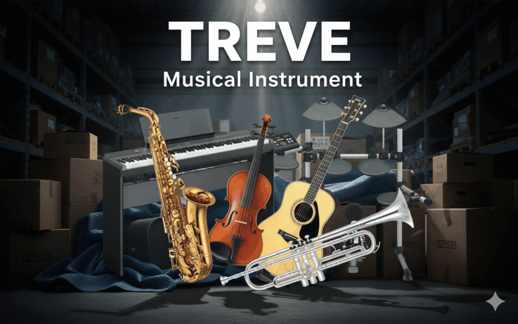 TREVE Musical Instrumentのロゴと、サックス、キーボード、バイオリン、ギターなどの楽器一式。高松で楽器を高価買取。