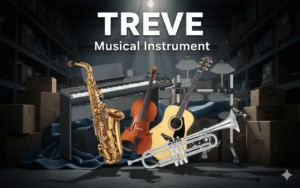 TREVE Musical Instrumentのロゴと、サックス、キーボード、バイオリン、ギターなどの楽器一式。高松で楽器を高価買取。
