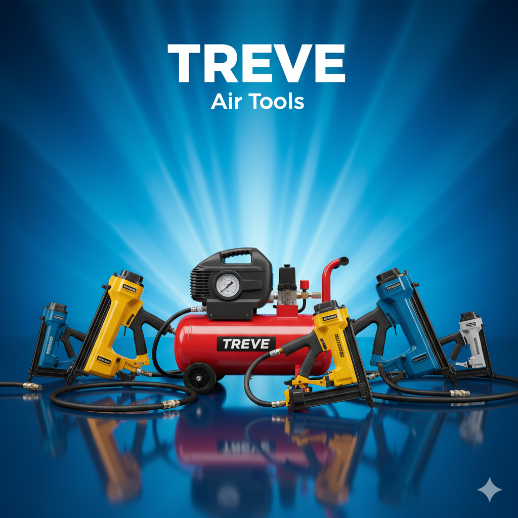 TREVE Air Toolsのロゴと、赤いコンプレッサーと複数のエアタッカーや釘打ち機。高松でエア工具を高価買取。