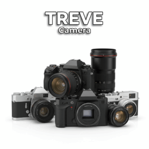 TREVEのロゴと、プロ仕様の防湿庫内に整然と並べられた多数のカメラ機材。カメラ・レンズも専門知識で高価買取する高松の買取店。