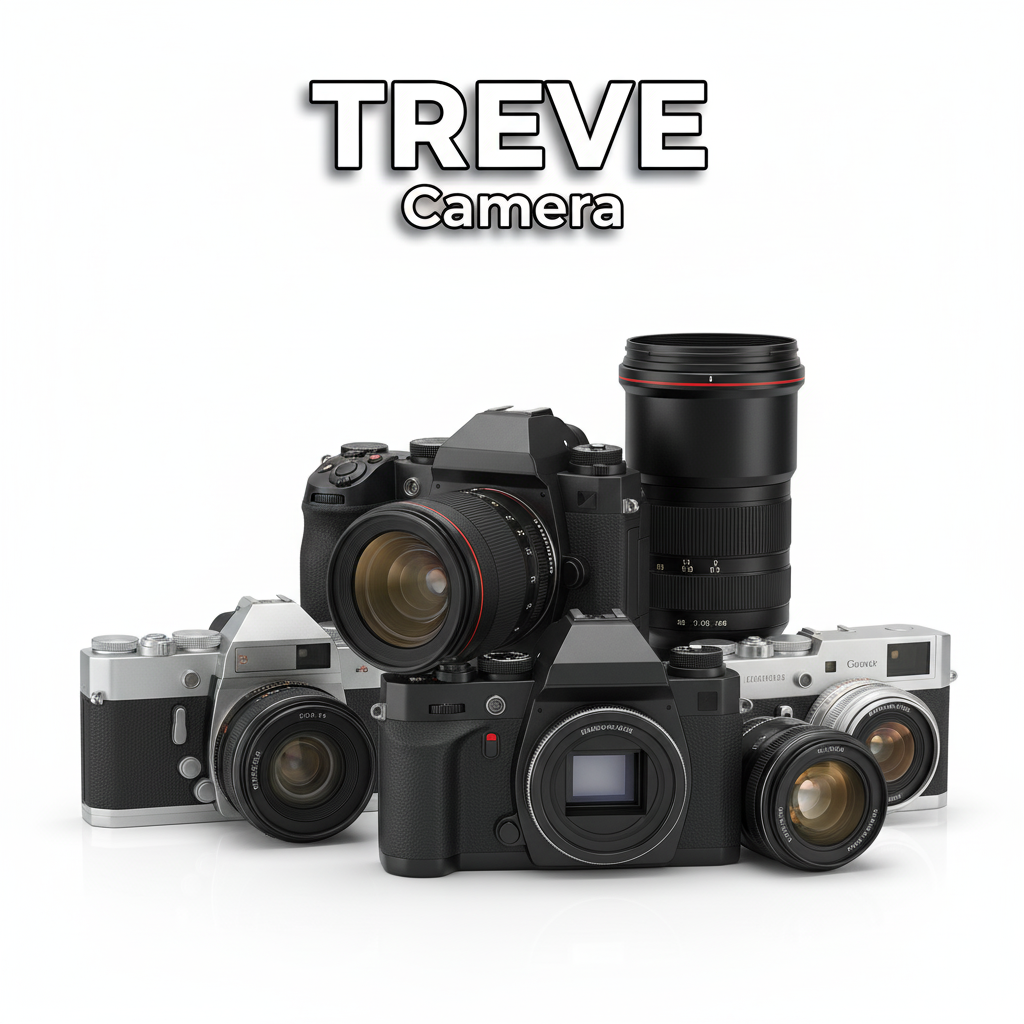 TREVEのロゴと、プロ仕様の防湿庫内に整然と並べられた多数のカメラ機材。カメラ・レンズも専門知識で高価買取する高松の買取店。