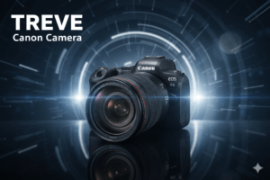 TREVE Canon Cameraのロゴと、高性能なCanon EOS R6のような一眼レフカメラ。高松でキャノンカメラを高価買取 。