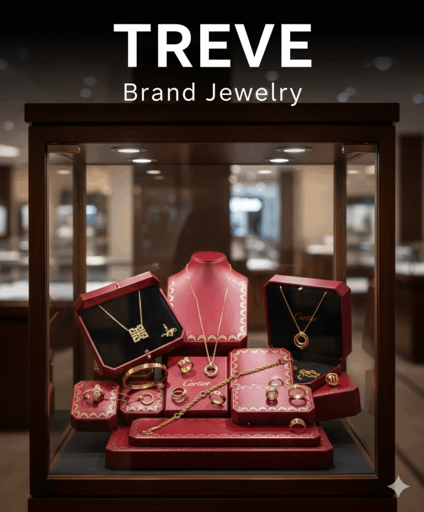 TREVE Brand Jewelryのロゴと、ショーケースに飾られたカルティエのラブブレス、リング、ネックレスなどのブランドジュエリー。高松でカルティエを高価買取。