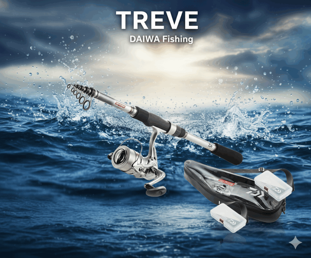 TREVE DAIWA Fishingのロゴと、水しぶきを上げるダイワの釣り竿、リール、バッグ。高松で釣り具を高価買取
