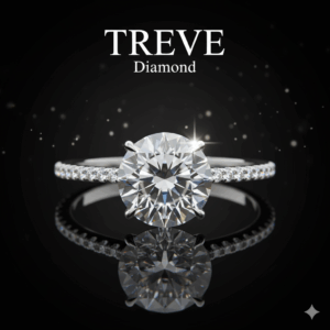 TREVE Diamondのロゴと、輝く大粒のダイヤモンドリング。婚約指輪やブランドジュエリーなど、ダイヤモンドの高価買取を示す。