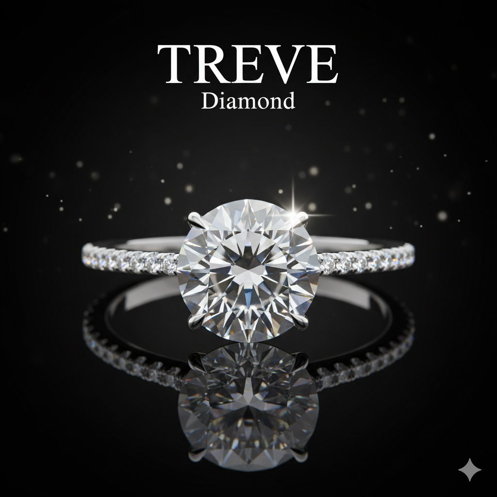 TREVE Diamondのロゴと、輝く大粒のダイヤモンドリング。婚約指輪やブランドジュエリーなど、ダイヤモンドの高価買取を示す。