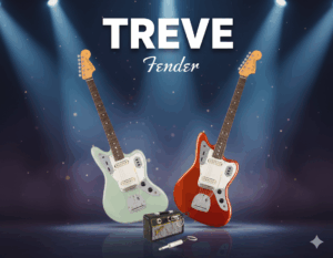 Fender(フェンダー)のジャガータイプのエレキギター2本とミニアンプがステージのような場所に置かれた画像。高松市内の楽器買取専門店「TREVE」のイメージ。