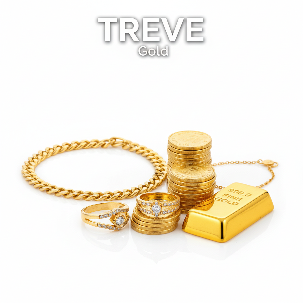 TREVE Goldのロゴと、金製品（インゴット、ネックレス、指輪、コイン）。高松で金の高価買取をアピール。