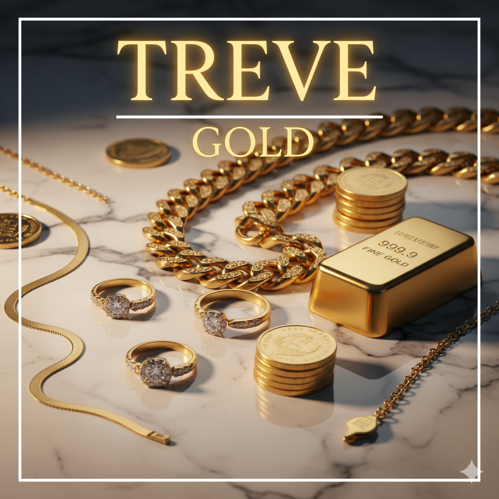 TREVE GOLDのロゴと、インゴット、ネックレス、指輪、コインなどの金製品。高松で金・貴金属を高価買取。