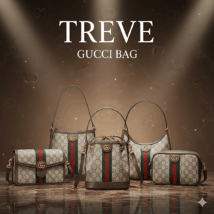 GUCCI(グッチ)のGGスプリーム柄のショルダーバッグや巾着バッグなど、複数のハンドバッグが並べられた画像。高松市内のグッチ買取専門店「TREVE」のイメージ。