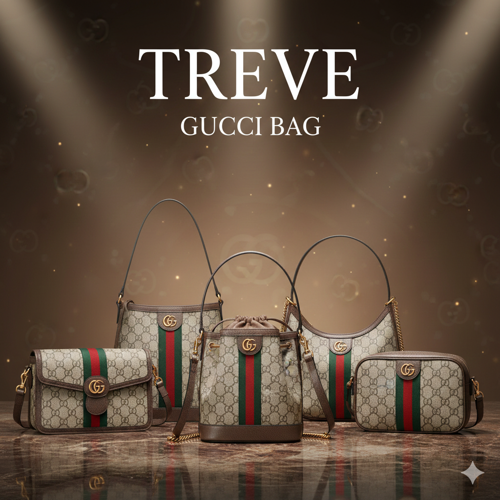 GUCCI（グッチ）のGGスプリーム柄のショルダーバッグや巾着バッグなど、複数のハンドバッグが並べられた画像。高松市内のグッチ買取専門店「TREVE」のイメージ。