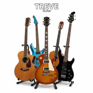 TREVE Guitarのロゴと、アコースティック、エレキギター、ベースなど複数のギター。高松で楽器を高価買取。