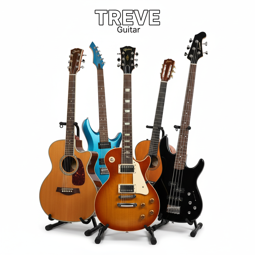 TREVE Guitarのロゴと、アコースティック、エレキギター、ベースなど複数のギター。高松で楽器を高価買取。