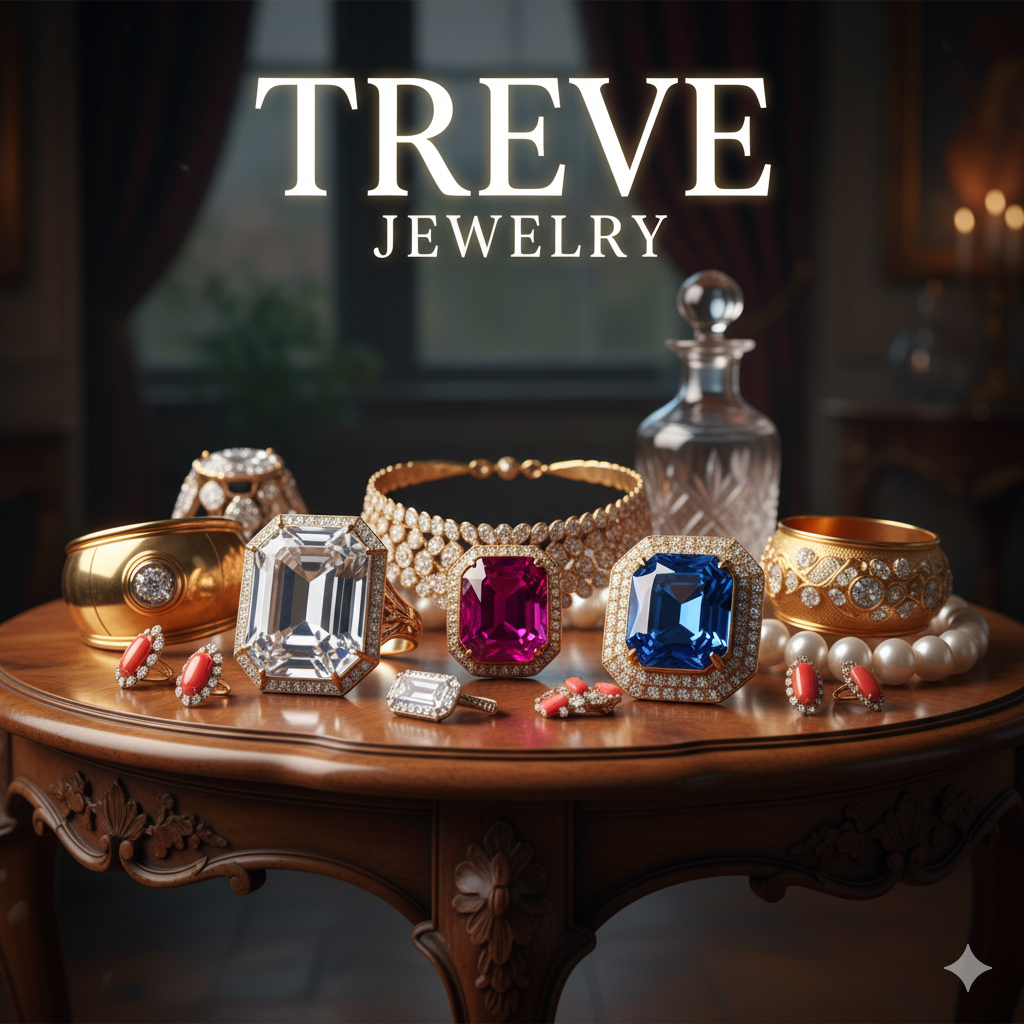 TREVE JEWELRYのロゴと、ダイヤモンド、サファイア、ルビーの豪華な色石ジュエリー。高松でブランドジュエリーを高価買取。