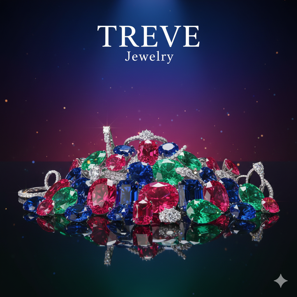 ルビー、サファイア、エメラルドなどの色鮮やかな宝石とダイヤモンドリングが豪華に積み重ねられたジュエリーの画像。高松市内の宝石・ジュエリー買取専門店「TREVE」のイメージ。