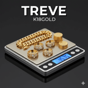 TREVE K18 GOLDのロゴと、重量計に乗せられたK18のブレスレット、指輪、金貨。高松でK18金製品を高価買取。