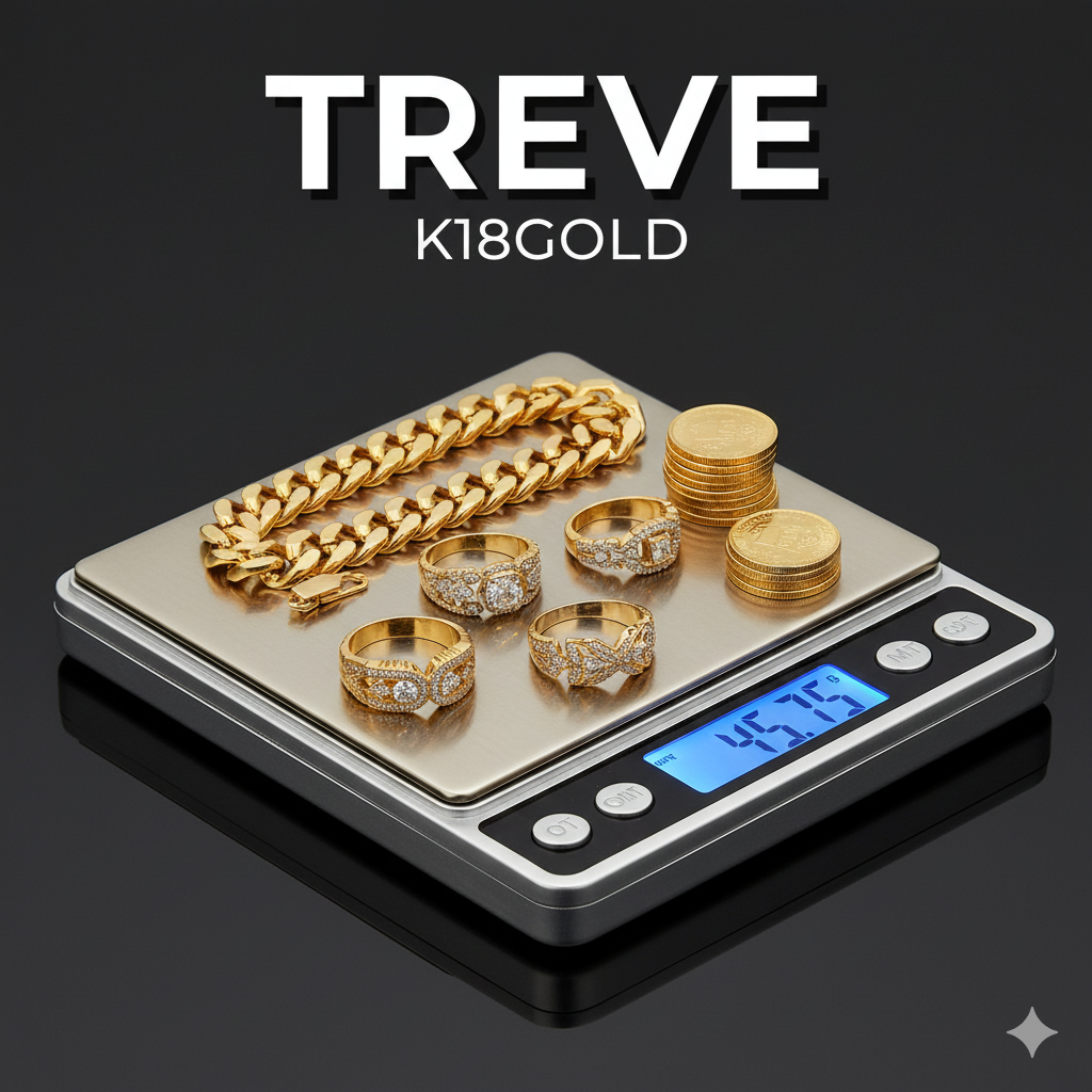 TREVE K18 GOLDのロゴと、重量計に乗せられたK18のブレスレット、指輪、金貨。高松でK18金製品を高価買取。
