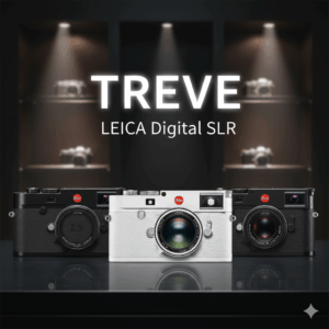 LEICA（ライカ）のデジタル一眼レフカメラ（またはレンジファインダーカメラ）が3台並べられている様子。高松市内のLEICA・カメラ買取専門店「TREVE」のイメージ。