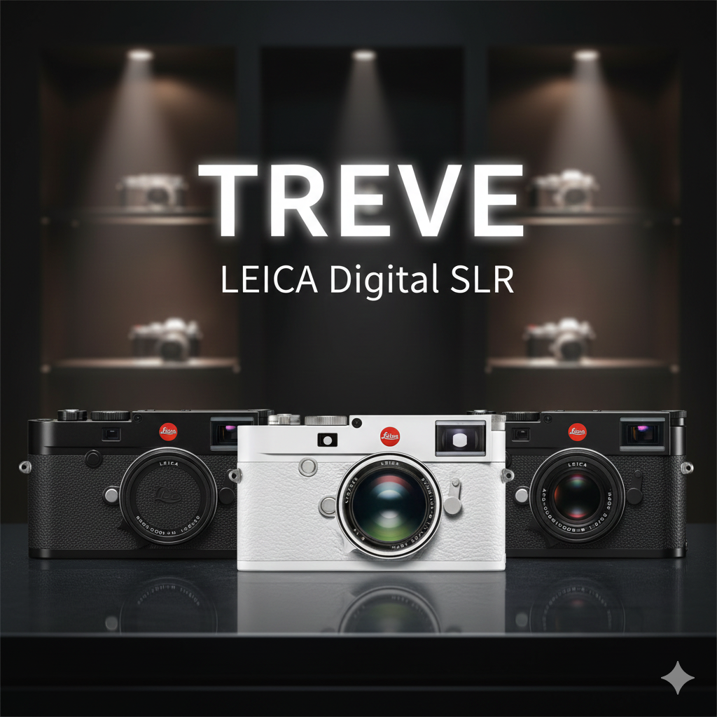 LEICA（ライカ）のデジタル一眼レフカメラ（またはレンジファインダーカメラ）が3台並べられている様子。高松市内のLEICA・カメラ買取専門店「TREVE」のイメージ。