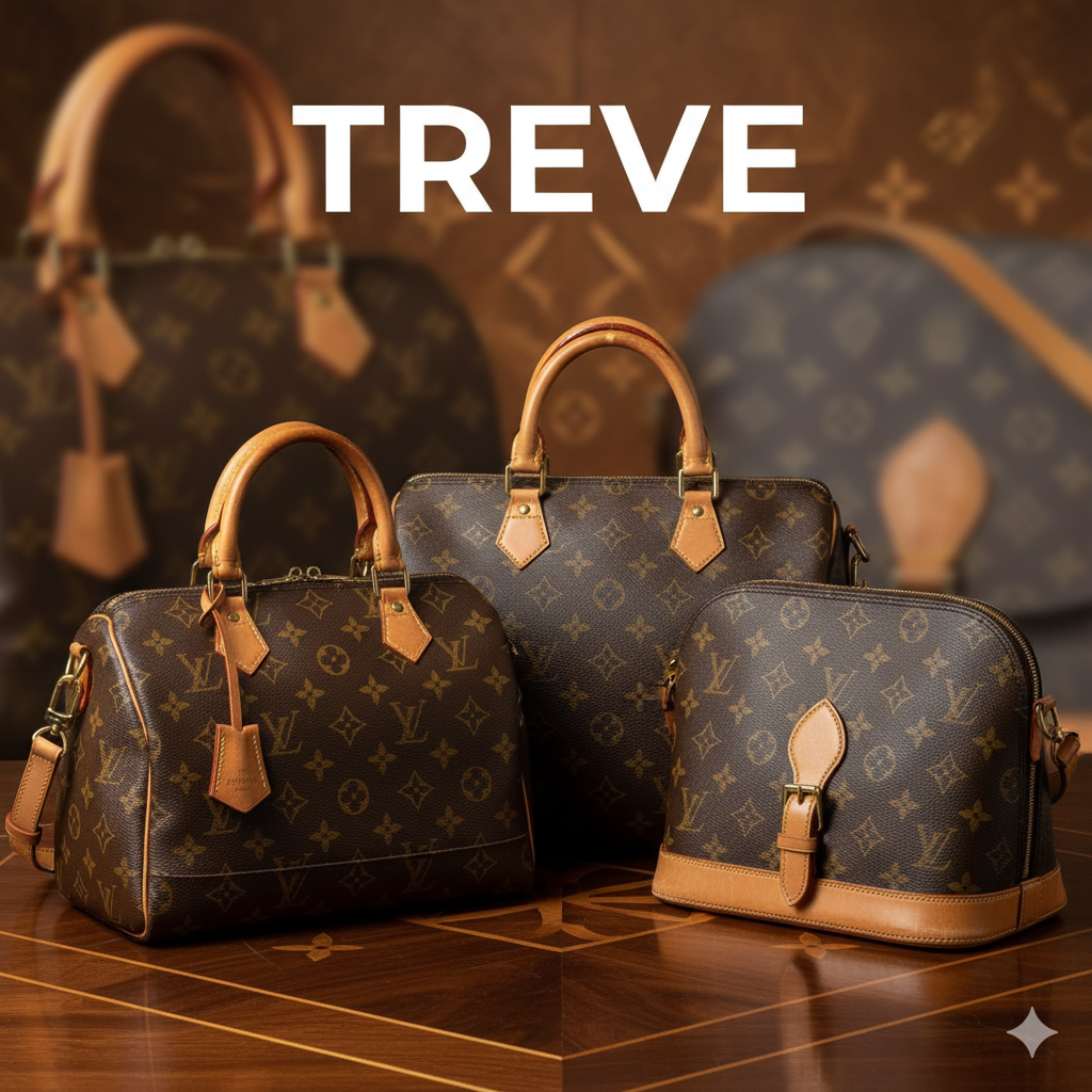 TREVE（トレリバ）のロゴと、テーブルの上に置かれた複数のルイ・ヴィトン モノグラム柄のハンドバッグ。スピーディやアルマなど、高松で高額査定中のブランドバッグ。