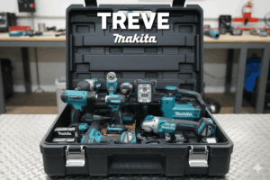 TREVE Makitaのロゴと、工具箱に収納されたマキタのインパクトドライバー、ライト、グラインダーなどの電動工具セット。高松でマキタを高価買取。
