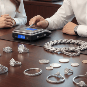 TREVEのロゴと、貴金属（プラチナチェーン、指輪、コインなど）を重量計で査定している様子。高松で貴金属を高価買取。