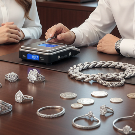 TREVEのロゴと、貴金属（プラチナチェーン、指輪、コインなど）を重量計で査定している様子。高松で貴金属を高価買取。