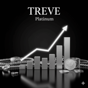 TREVE Platinumのロゴと、プラチナ製品（リング、コイン）に囲まれた右肩上がりの白いグラフ。プラチナ相場高騰と貴金属の高価買取を示す。