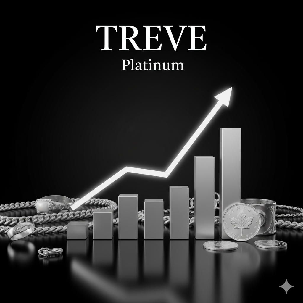 TREVE Platinumのロゴと、プラチナ製品（リング、コイン）に囲まれた右肩上がりの白いグラフ。プラチナ相場高騰と貴金属の高価買取を示す。